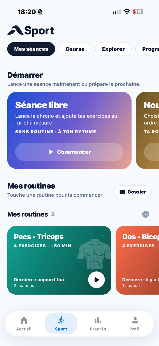 Auryx : séance libre, routines rangées en dossiers et onglets Mes séances, Course, Explorer