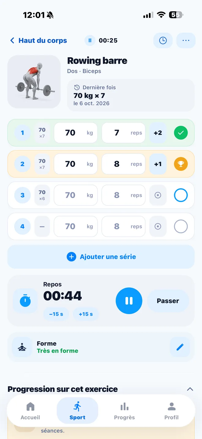 Séance en cours dans Auryx : séries de rowing barre à 70 kg, dernière fois et chrono de repos